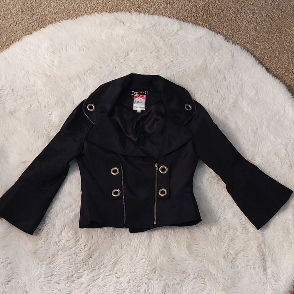 Black, cropped, cotton, polyester coat, size 4